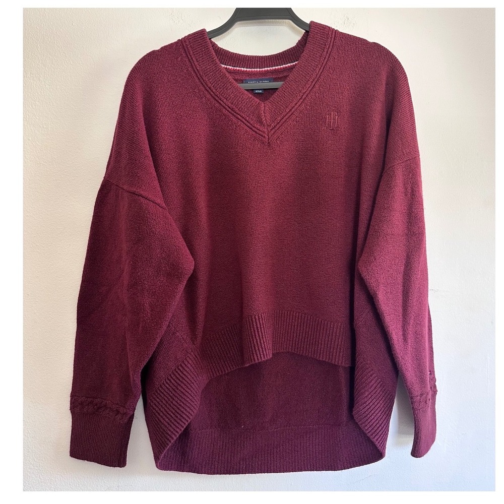 Tommy‎ Hilfiger WMS Burgundy V-Neck Oversized High-Low Sweater LG Relaxed